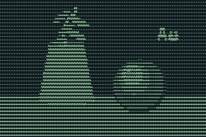 A vase, leaves, and an orange rendered in green ASCII characters.