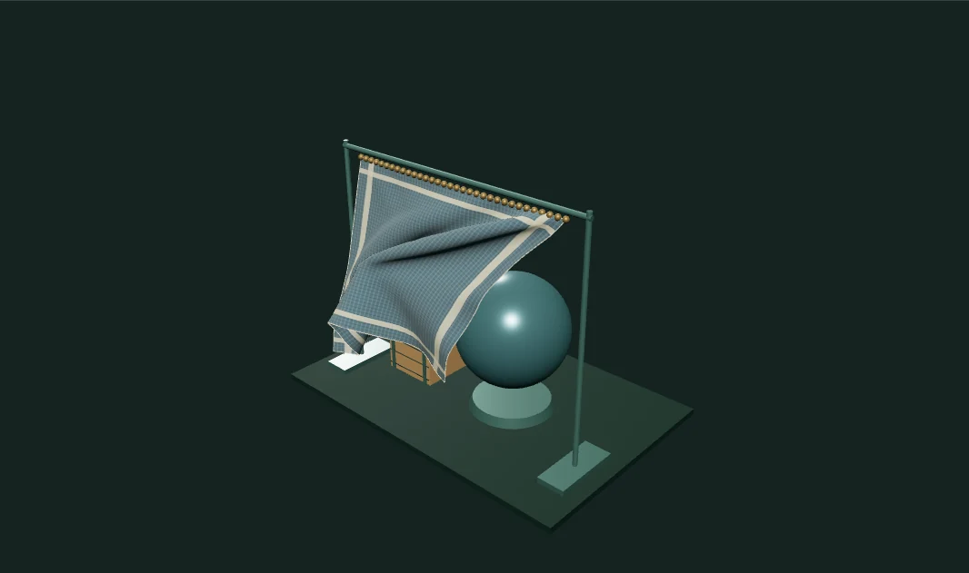 A blue canvas sheet folded sideways by a pointer grab, revealing a solid sphere and crate behind it