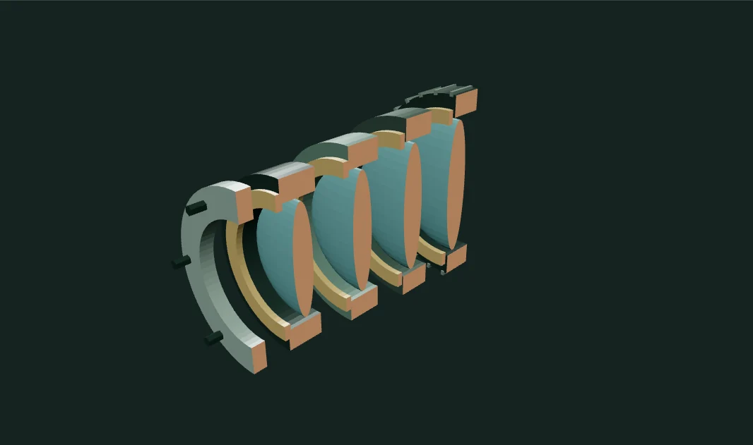 Sectioned optical lens with distinct internal glass elements and retaining rings