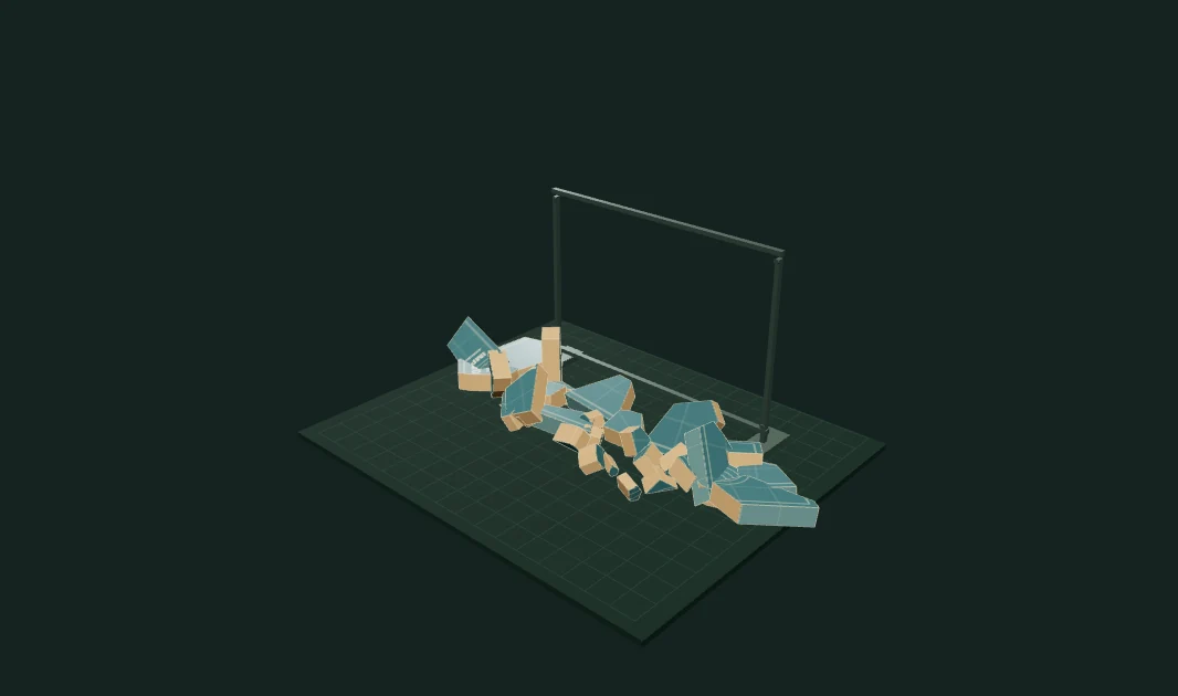 The same ceramic shards falling and contacting the floor after the panel breaks, with the empty support frame behind them