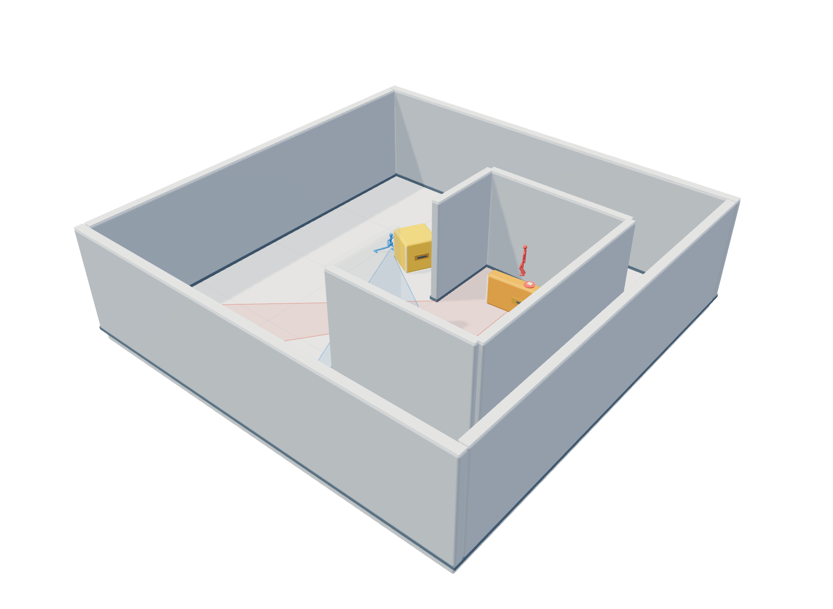 Two agents in a three-dimensional arena with walls and movable cover, one searching for the other.