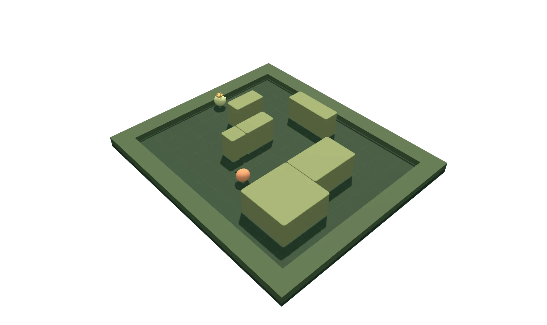 Two agents navigating a three-dimensional arena with walls and movable cover.