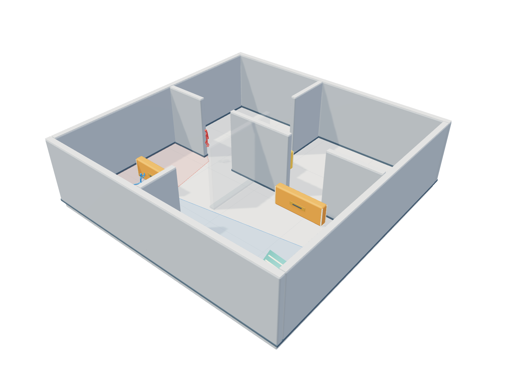 The same learned agents navigating connected rooms with movable yellow cover and a ramp.