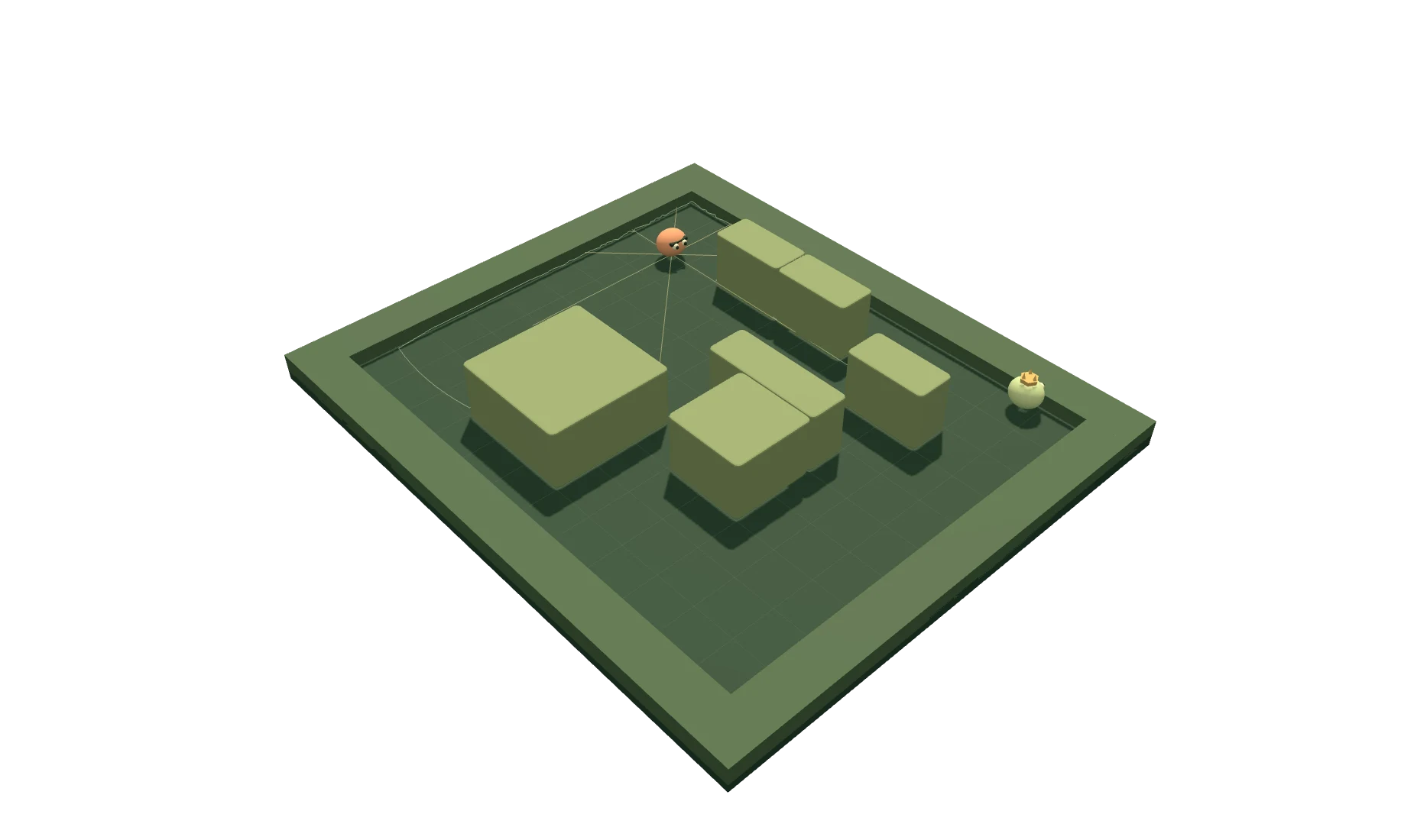 An arena with the seeker's line-of-sight overlay visible around nearby cover.
