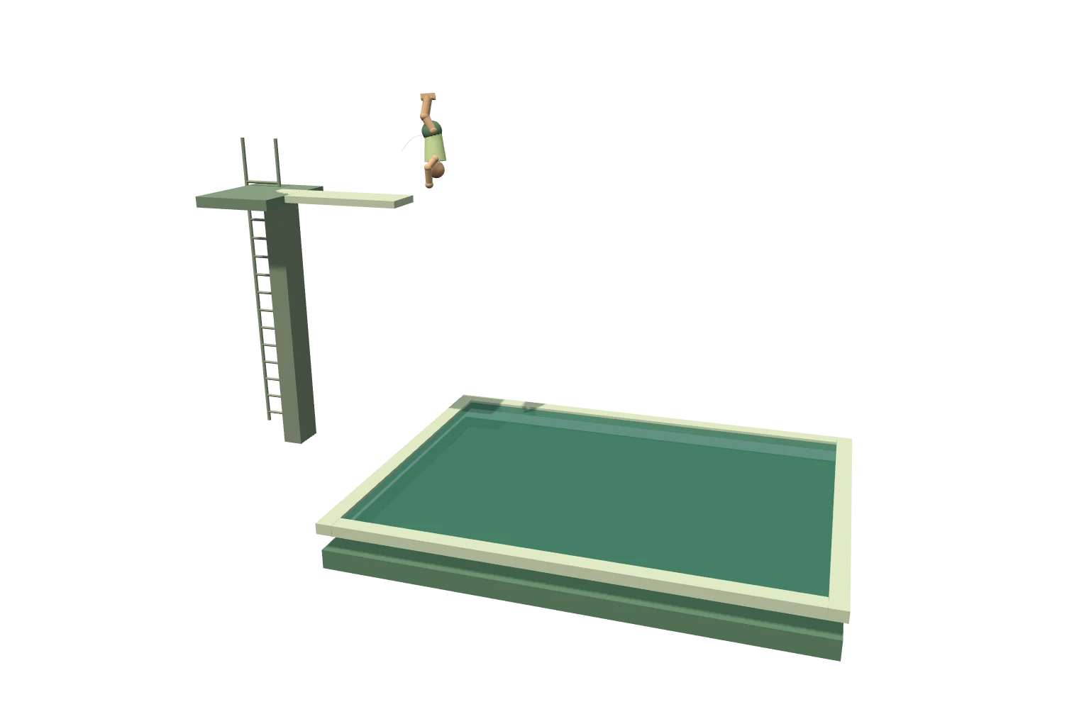 A diver rotating in flight above a pool, with a diving board beside the water.