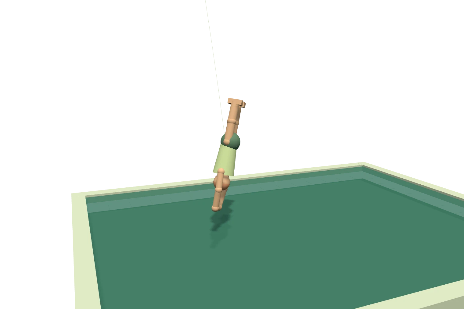 A close view of the diver extended for a head-first entry at the water surface.