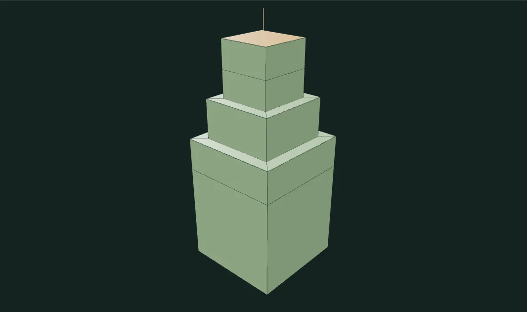 Green polygon tower with stepped terraces, an extended selected roof face, and its actual wireframe edges.