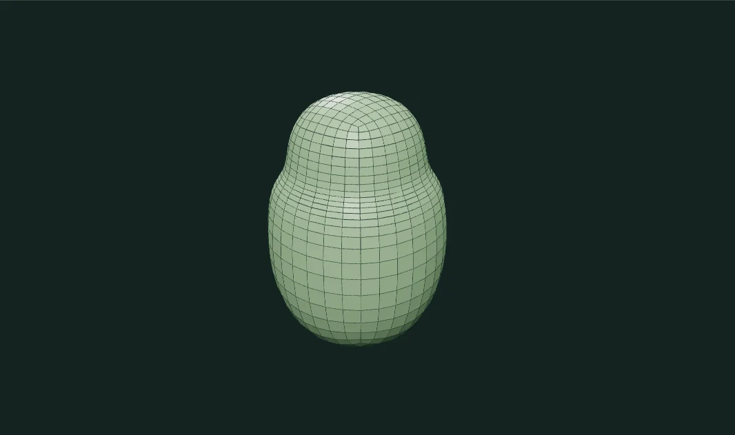 Rounded green vessel with a dense, continuous quad wireframe from actual Catmull–Clark subdivision.