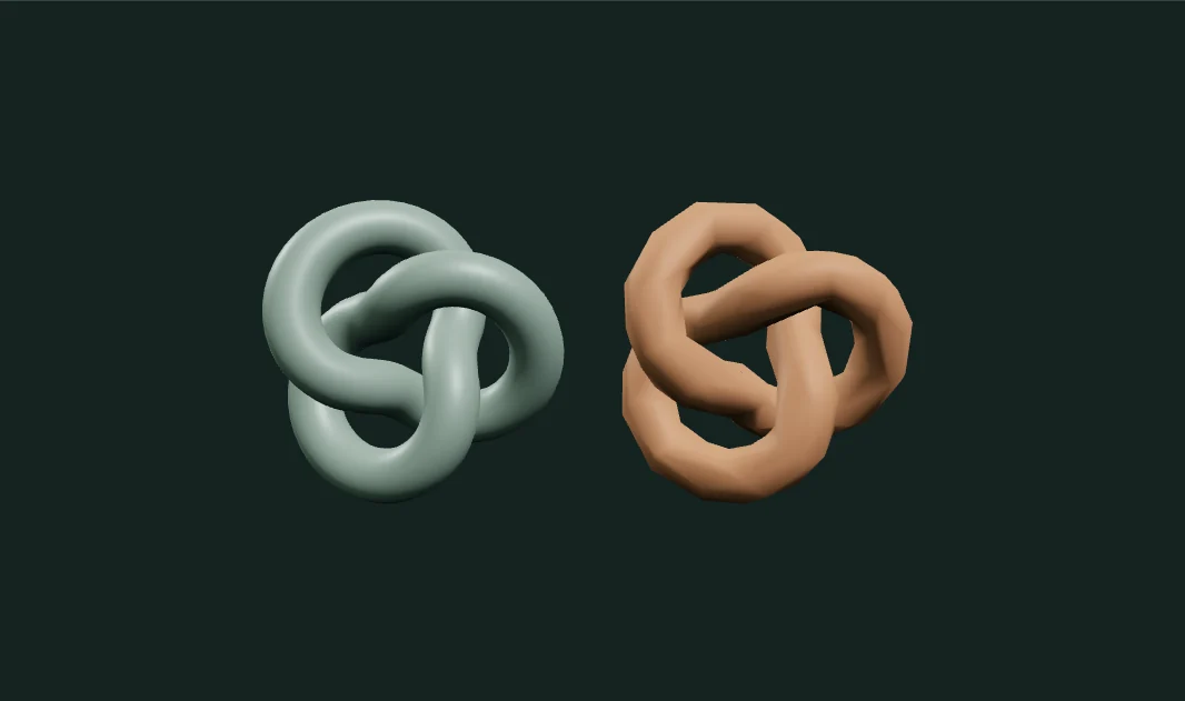 Two matching braided knot meshes: a smooth silver original and a much simpler terracotta result