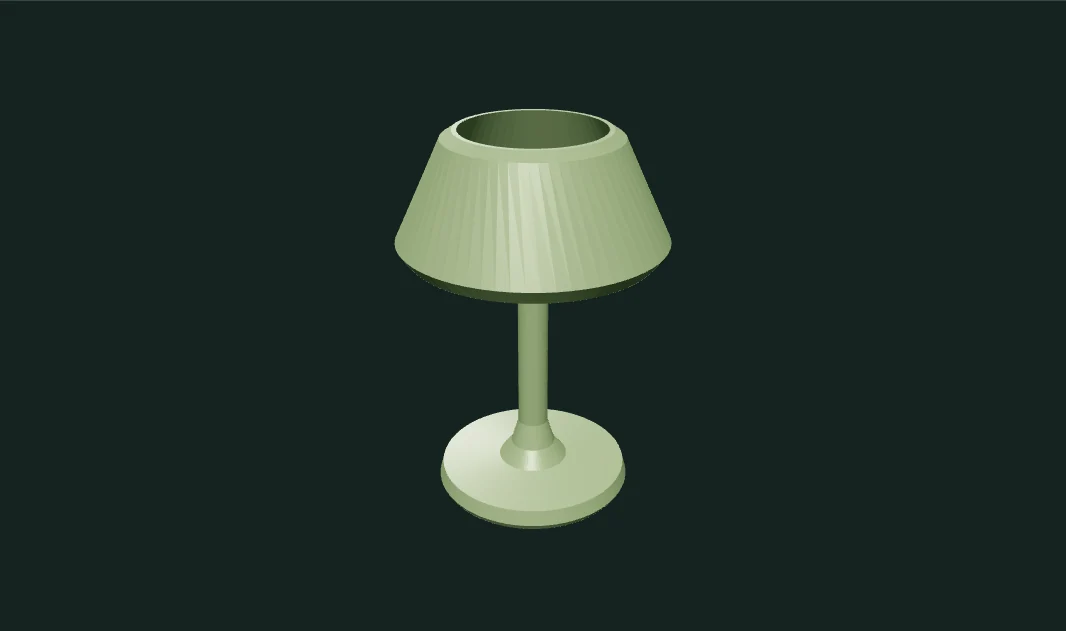 Green turned lamp with a broad base, thin stem, and open shade, generated by a lathe node
