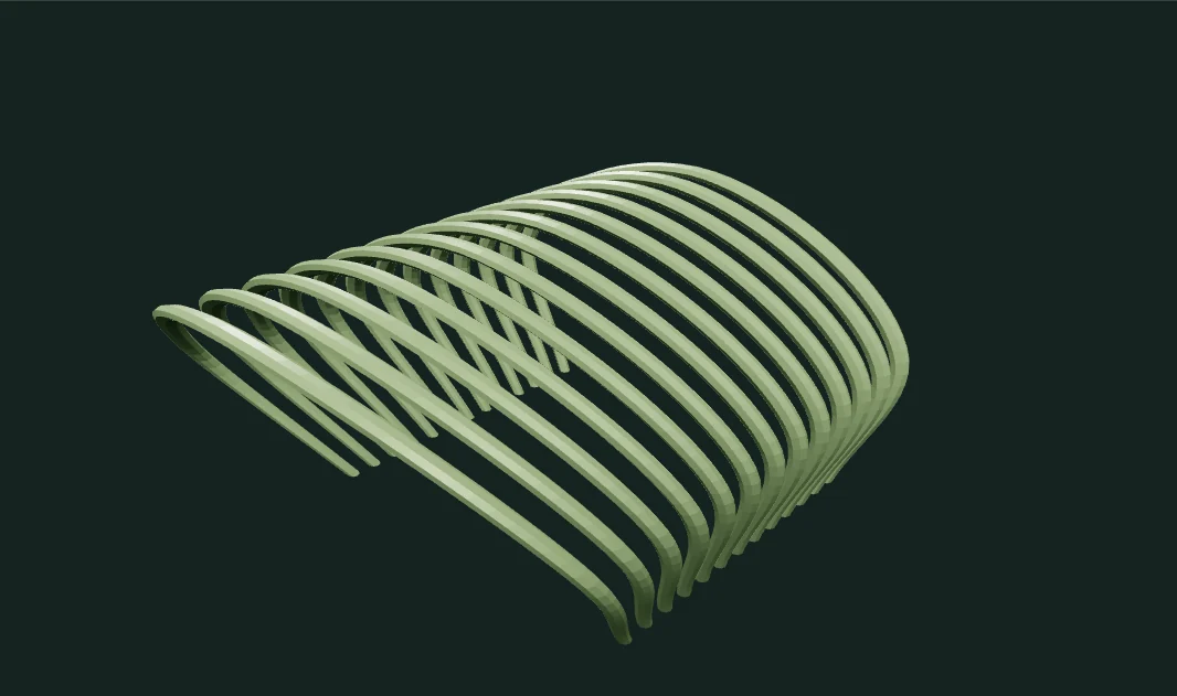 Thirteen repeated curved ribs forming an open pavilion widened by a taper modifier