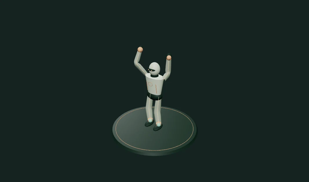 A skinned mannequin raising both arms in a vault salute, with visible bones and hand targets