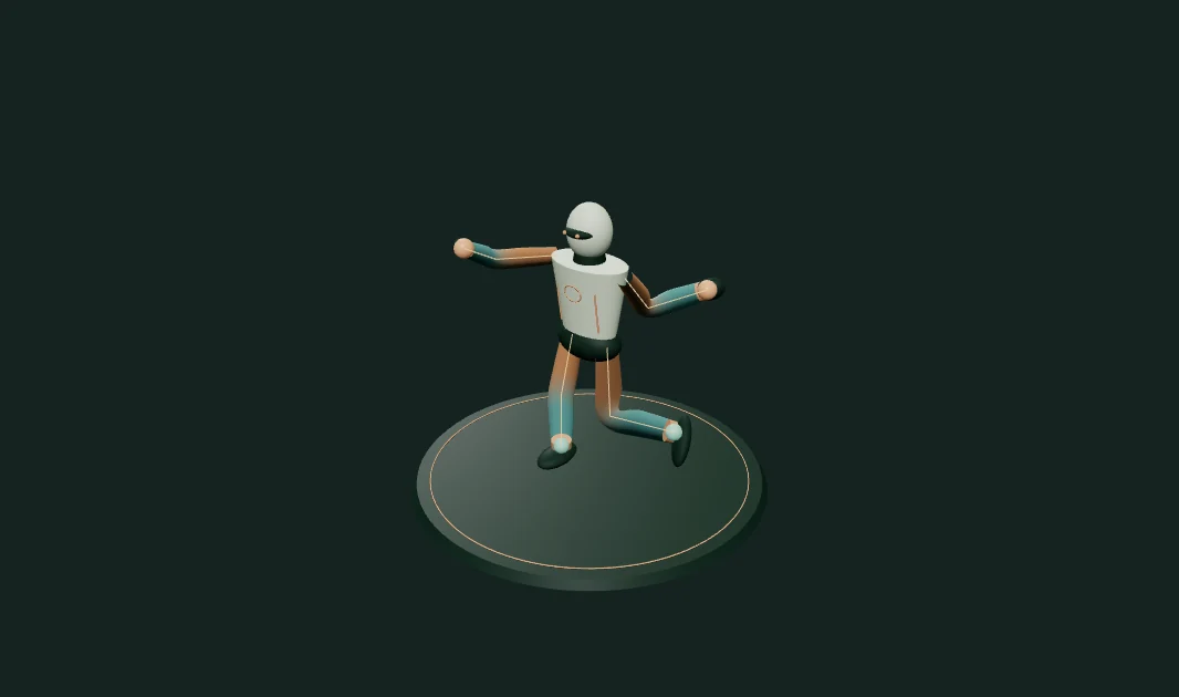 A balancing mannequin with one knee raised and warm-to-cool skin-weight colors across its bent limbs