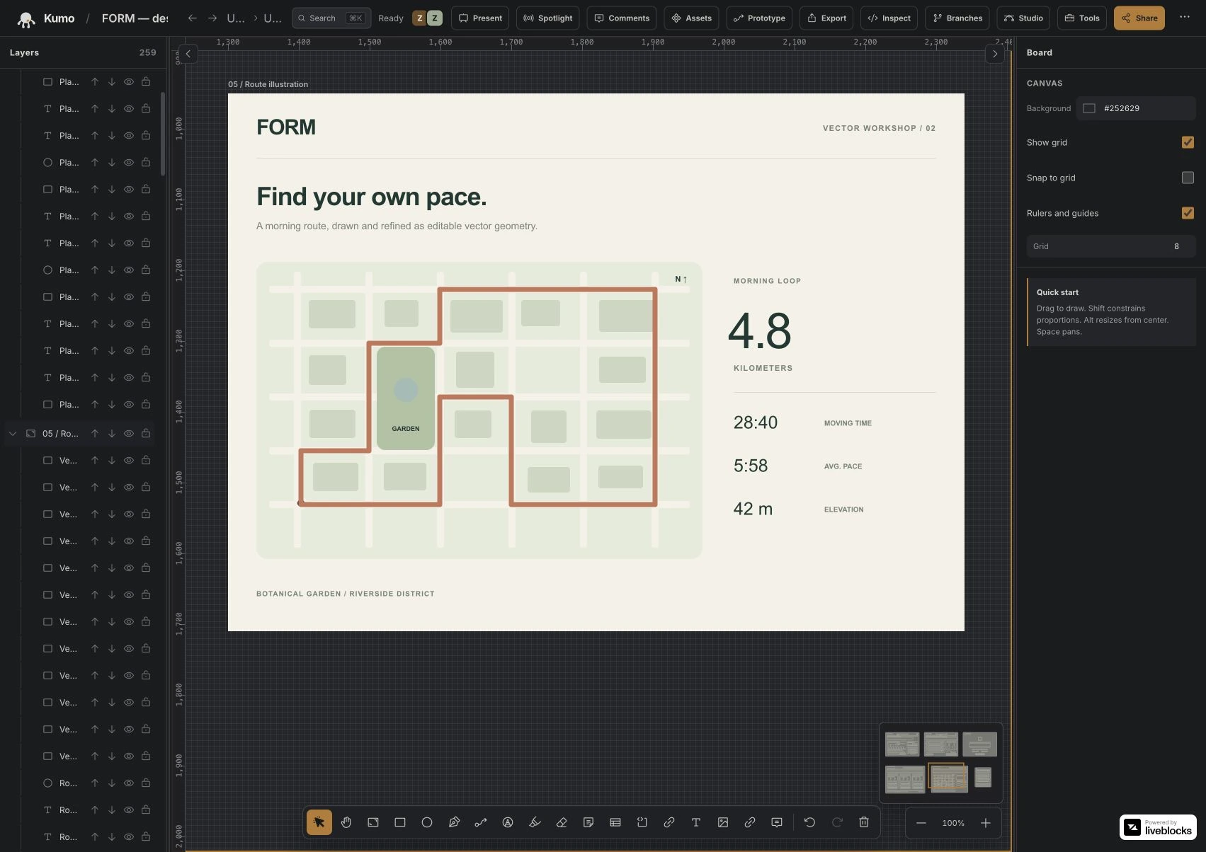 A completed FORM running-route illustration with connected streets, a botanical garden, building footprints, and run metrics