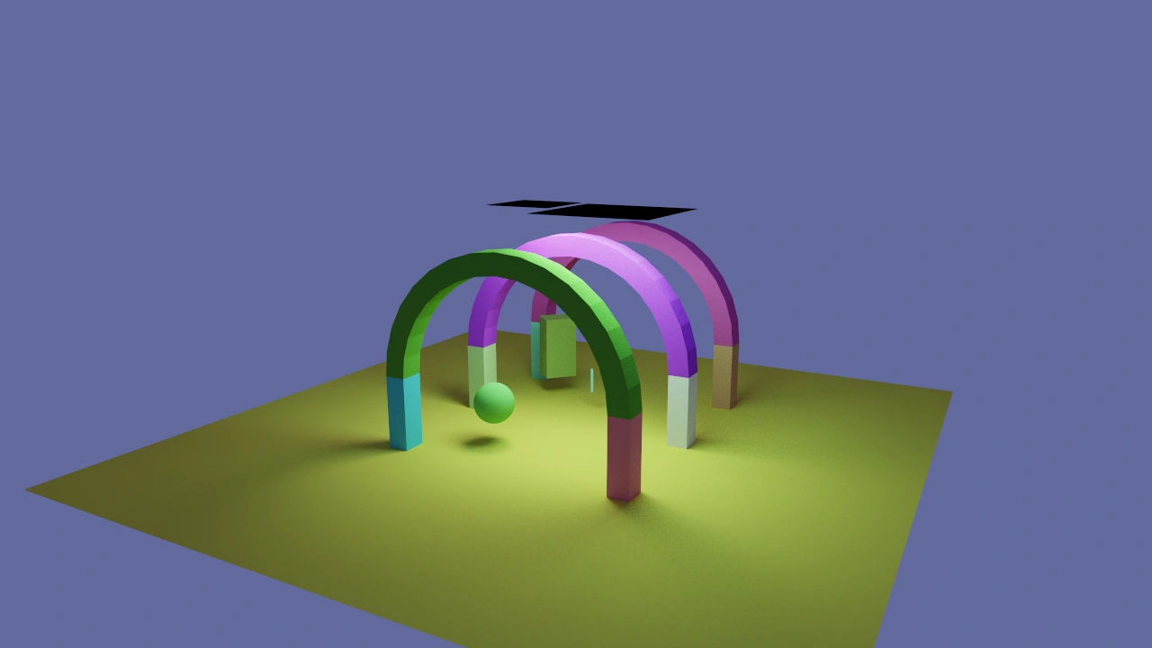 A sequence of colored arches rendered from RayTrace’s procedural scene generator
