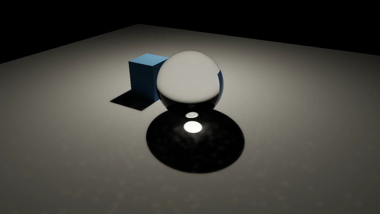 A glass sphere concentrates point-light illumination onto a diffuse floor beside an opaque blue box