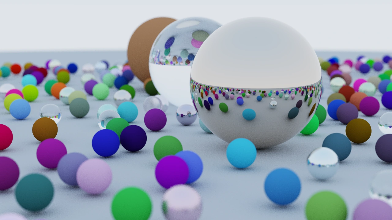 A seeded field of colorful diffuse, metallic, and glass spheres rendered with depth of field