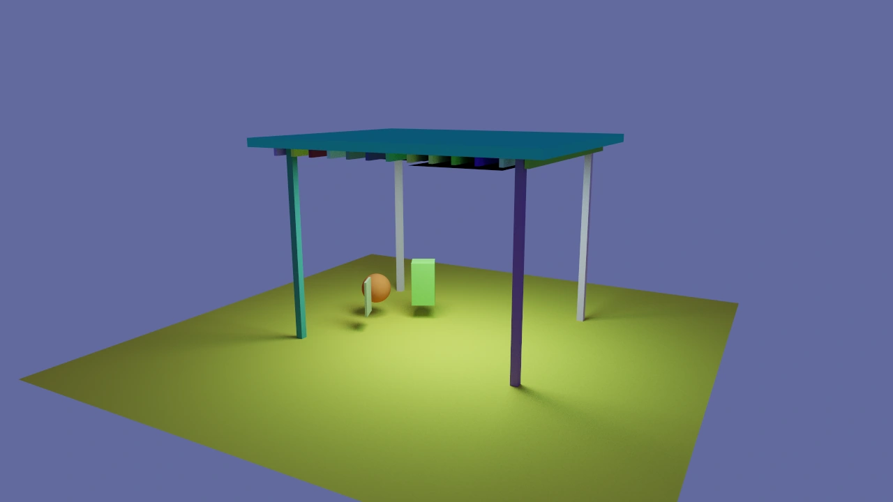 A procedural open pavilion with thin supports, roof slats, and colored area lighting