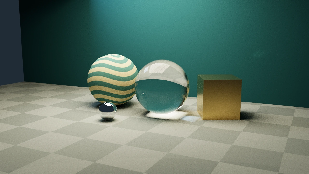 RayTrace studio render with a striped diffuse sphere, refractive glass, a mirror sphere, and a brass box