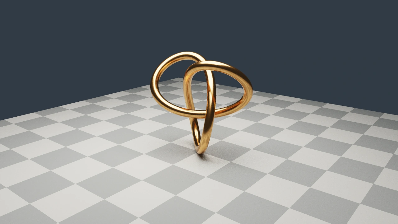 An imported bronze trefoil knot rendered with smooth surface normals and metallic reflections