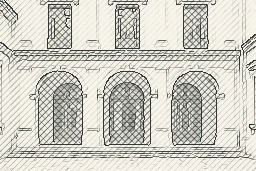 The same courtyard with aligned Sobel contours and tone-controlled hatching