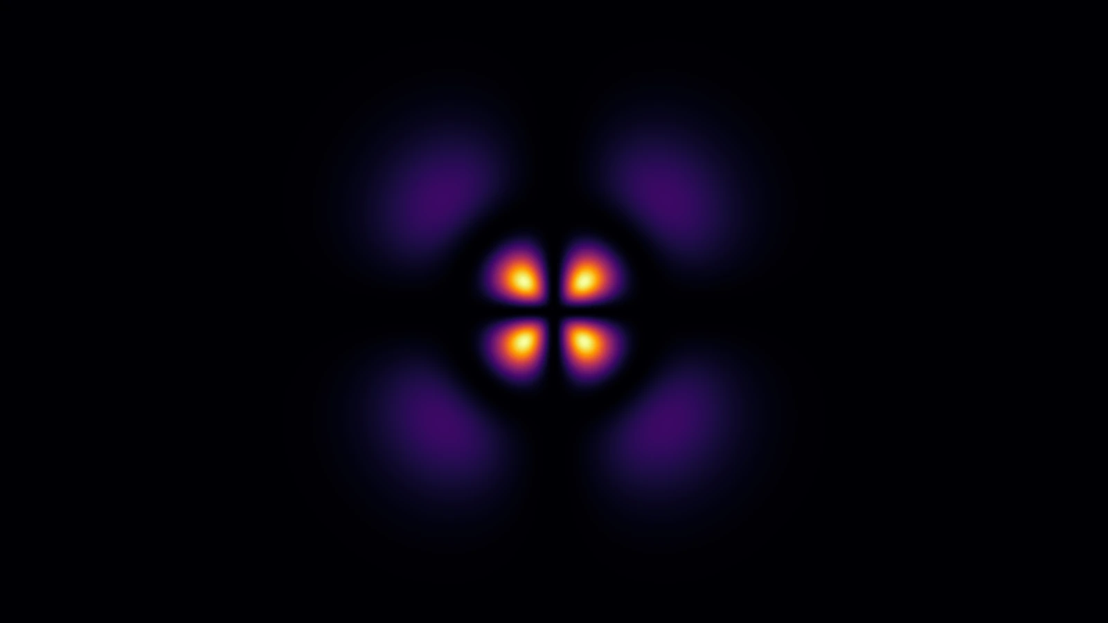 Four luminous central lobes with faint outer rings in an orbital render