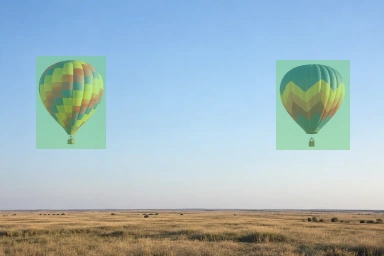 Original balloon photograph with green protection masks covering the two balloons